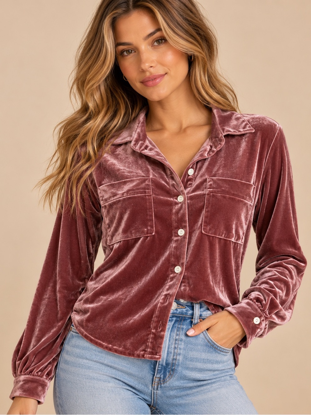 SHEIN Dusty Rose Velvet Button Down Blouse S Old Money Luxe